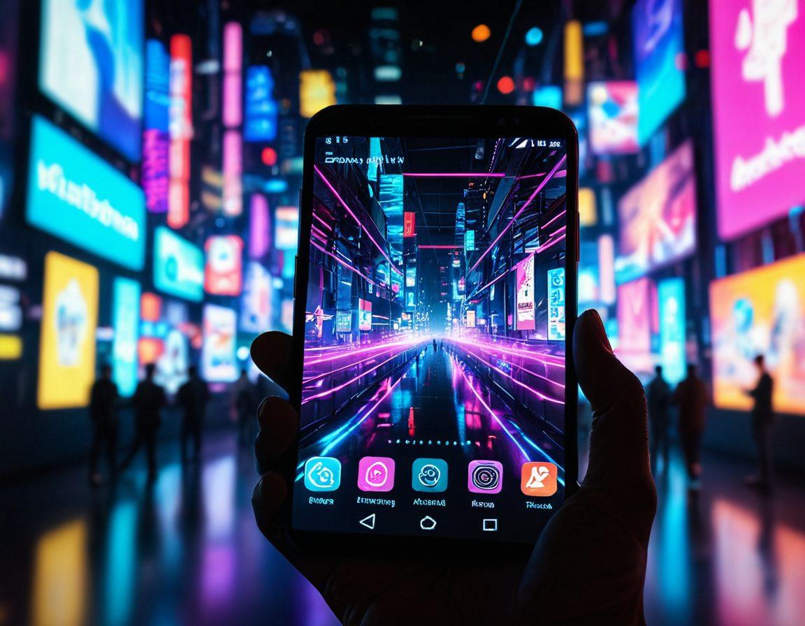 A futuristic smartphone displaying vibrant, colorful app icons related to adult entertainment and hentai culture, surrounded by elements of technology like holograms and sensors. In the background, blurred silhouettes of diverse adults engaged in interactive experiences. Bright neon lights create an alluring ambiance, showcasing the merging of technology and entertainment. digital art. cyberpunk. vibrant colors.