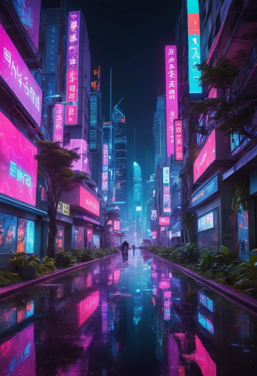 A vibrant and futuristic cityscape where neon-lit streets blend technology with adult animation art, featuring stylized figures from hentai manga in dynamic poses. Incorporate elements of mobile devices showcasing animated scenes, surrounded by holographic displays and lush greenery to represent creativity and innovation. Use a color palette that includes vivid purples, pinks, and blues to enhance the atmosphere. super-realistic. cyberpunk. vibrant colors.